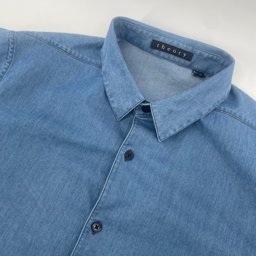 Theory Custa Ashburton Shirt Mens Large Blue Short Sleeve Chambray Denim